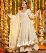 Cream color chinon fabric foil printed partywear suit
