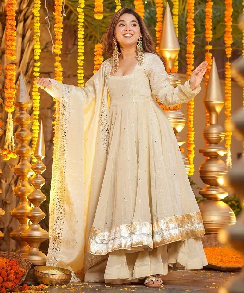 Cream color chinon fabric foil printed partywear suit