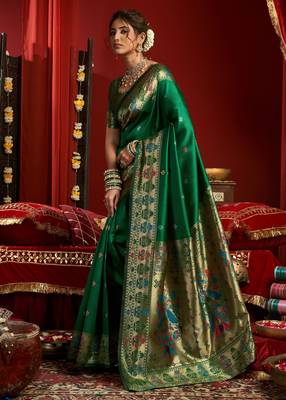 Green woven paithani silk saree with blouse 2