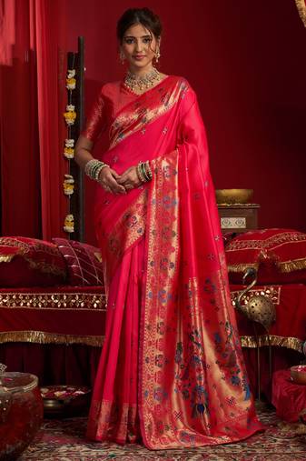 Pink woven paithani silk saree with blouse