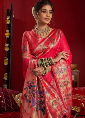 Pink woven paithani silk saree with blouse 2