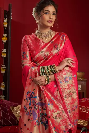 Pink woven paithani silk saree with blouse