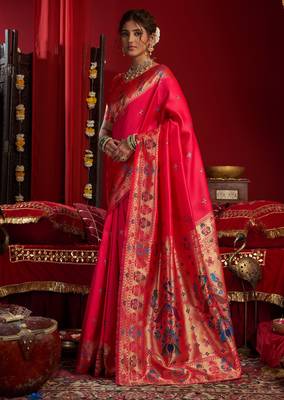 Pink woven paithani silk saree with blouse 3