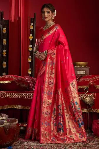 Pink woven paithani silk saree with blouse