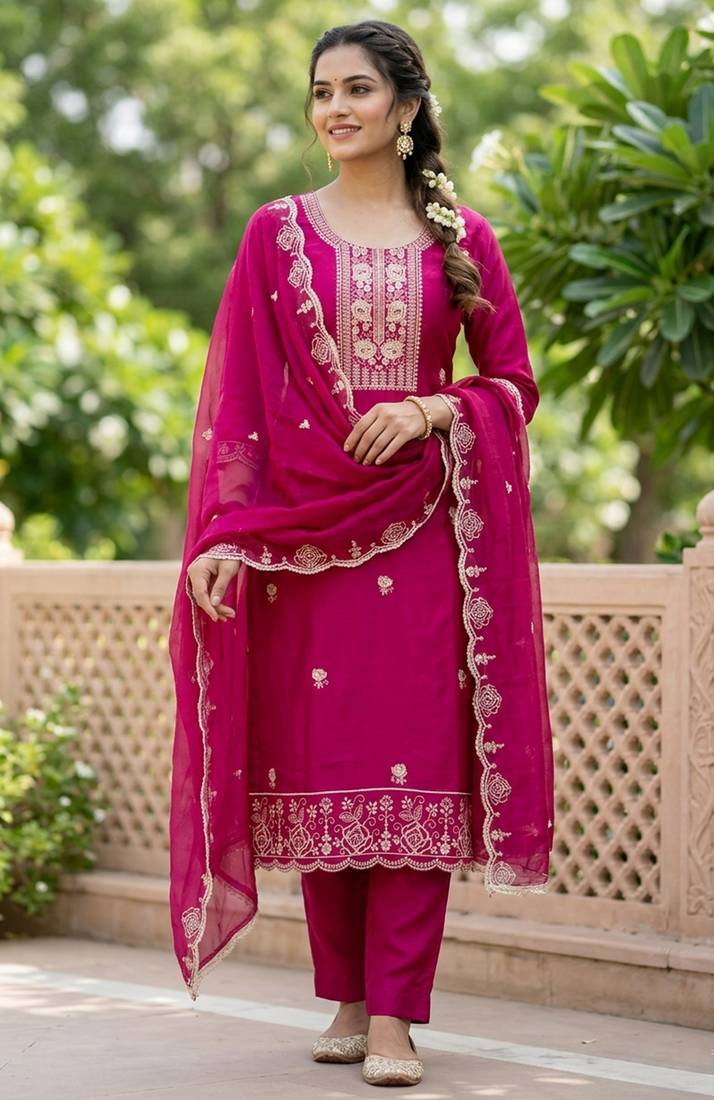 Pink color viscose satin fabric designer ceremonial suit