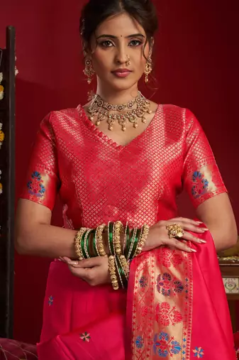 Pink woven paithani silk saree with blouse