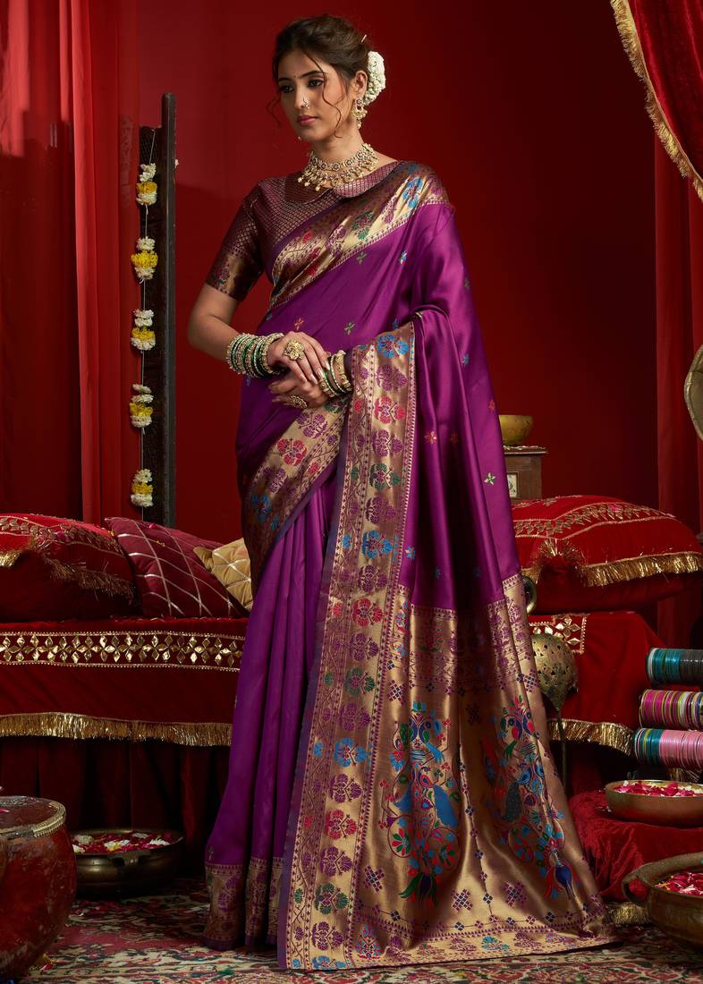 Purple woven paithani silk saree with blouse