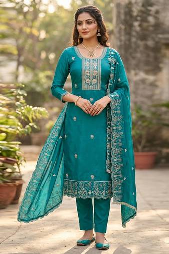 Sea green color viscose satin fabric designer ceremonial suit