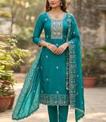 Sea green color viscose satin fabric designer ceremonial suit