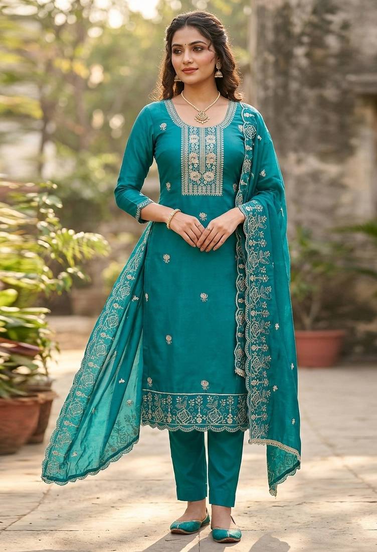 Sea green color viscose satin fabric designer ceremonial suit