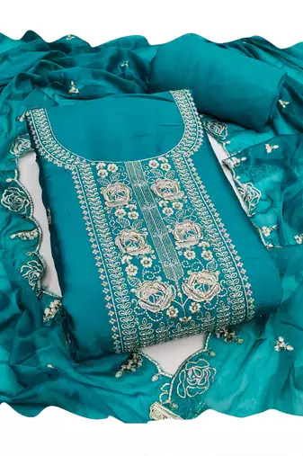 Sea green color viscose satin fabric designer ceremonial suit