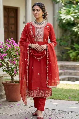 Rust color viscose satin fabric designer ceremonial suit