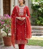 Rust color viscose satin fabric designer ceremonial suit