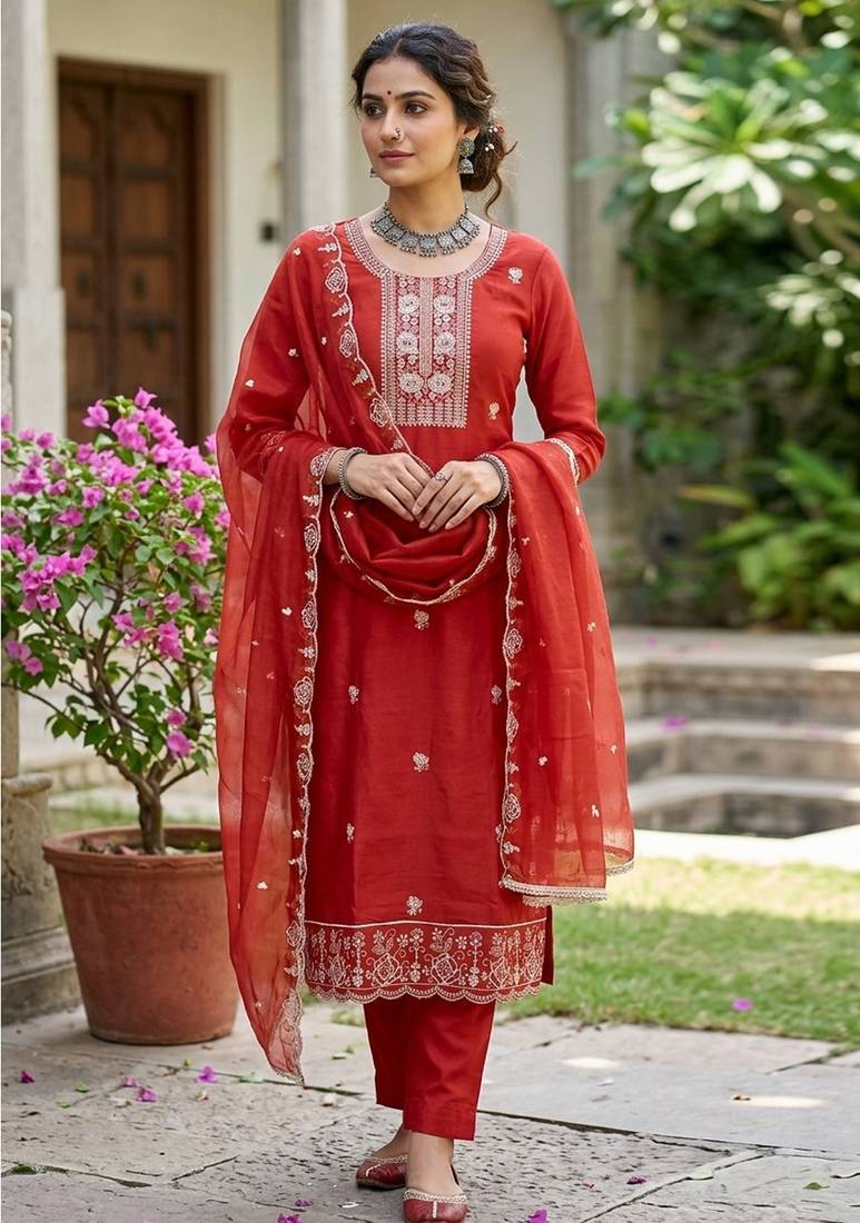Rust color viscose satin fabric designer ceremonial suit
