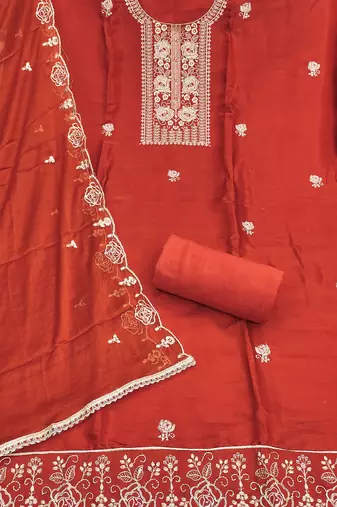 Rust color viscose satin fabric designer ceremonial suit
