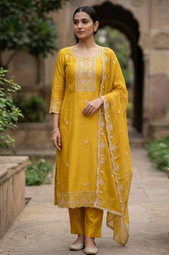 Yellow color viscose satin fabric designer ceremonial suit