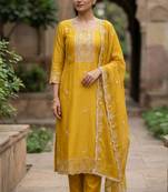 Yellow color viscose satin fabric designer ceremonial suit