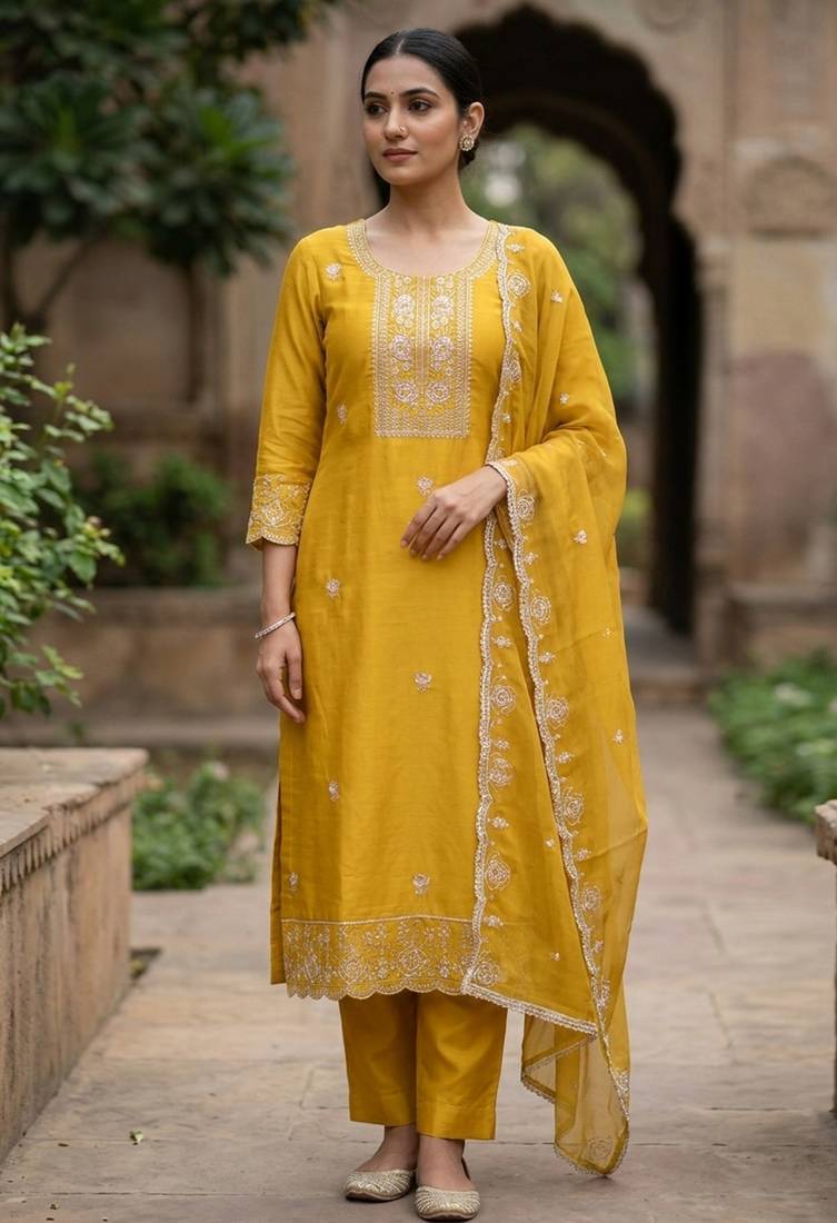 Yellow color viscose satin fabric designer ceremonial suit