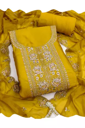 Yellow color viscose satin fabric designer ceremonial suit