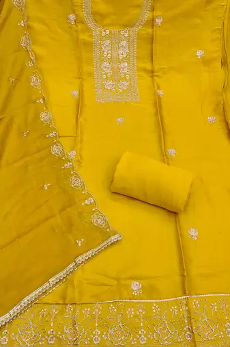 Yellow color viscose satin fabric designer ceremonial suit