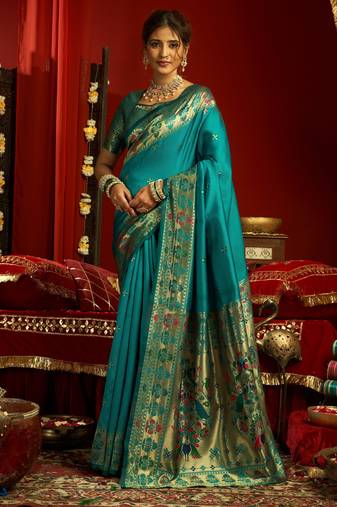 Teal green woven paithani silk saree with blouse