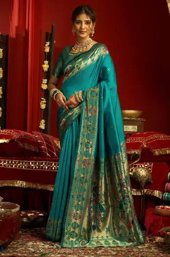 Teal green woven paithani silk saree with blouse