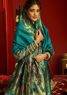 Teal green woven paithani silk saree with blouse 2