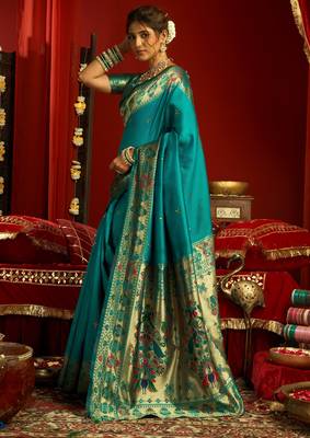Teal green woven paithani silk saree with blouse 3