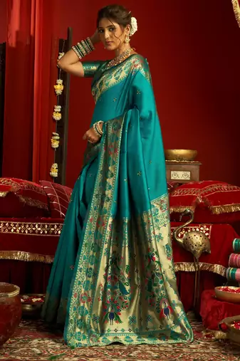 Teal green woven paithani silk saree with blouse