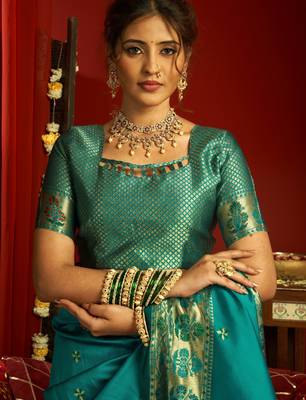 Teal green woven paithani silk saree with blouse 5