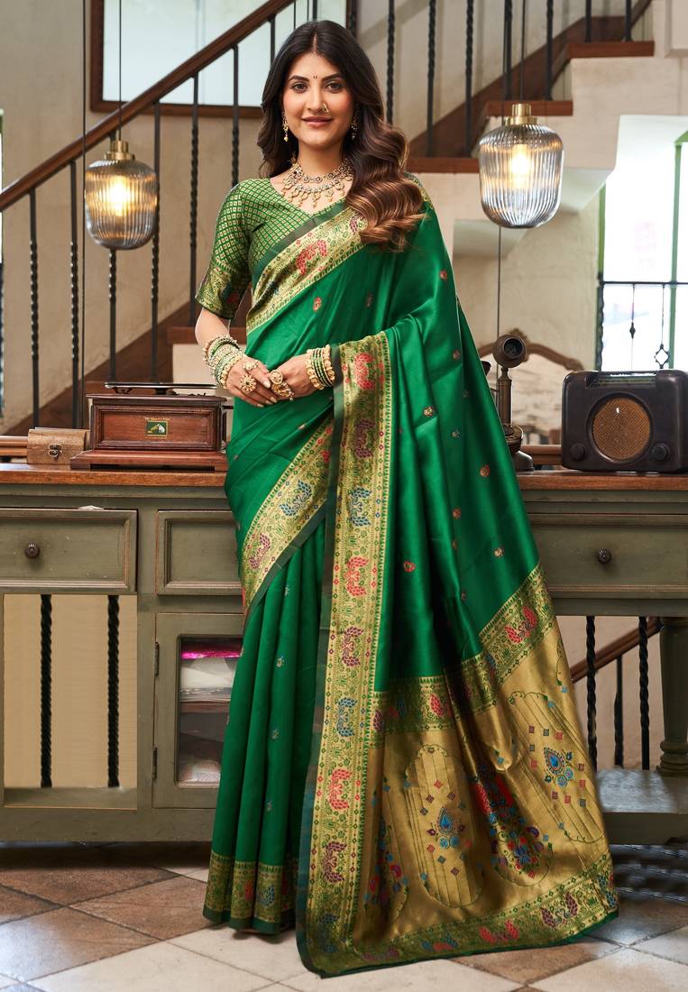 Green woven paithani silk saree with blouse