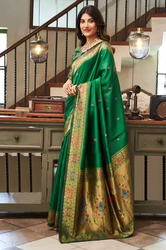 Green woven paithani silk saree with blouse