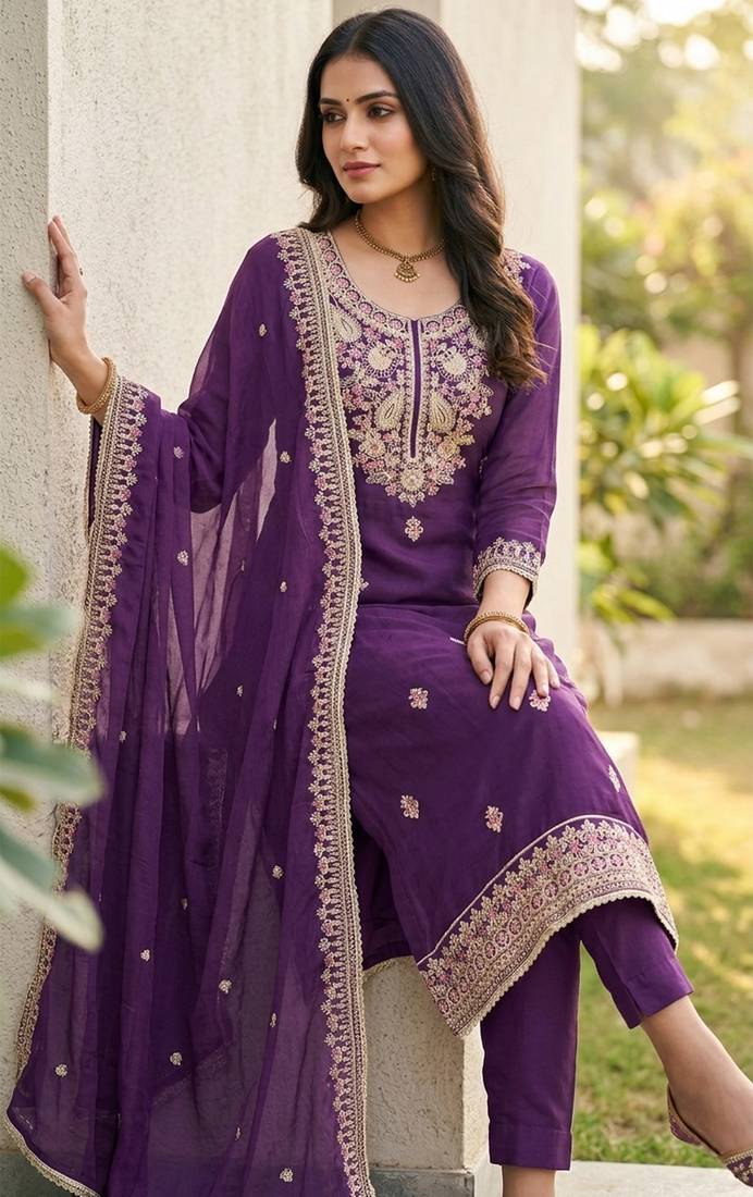 Purple color cotton fabric designer ceremonial suit