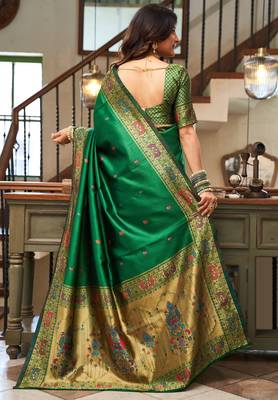 Green woven paithani silk saree with blouse 4
