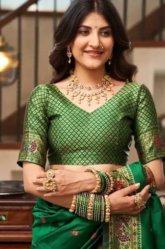 Green woven paithani silk saree with blouse