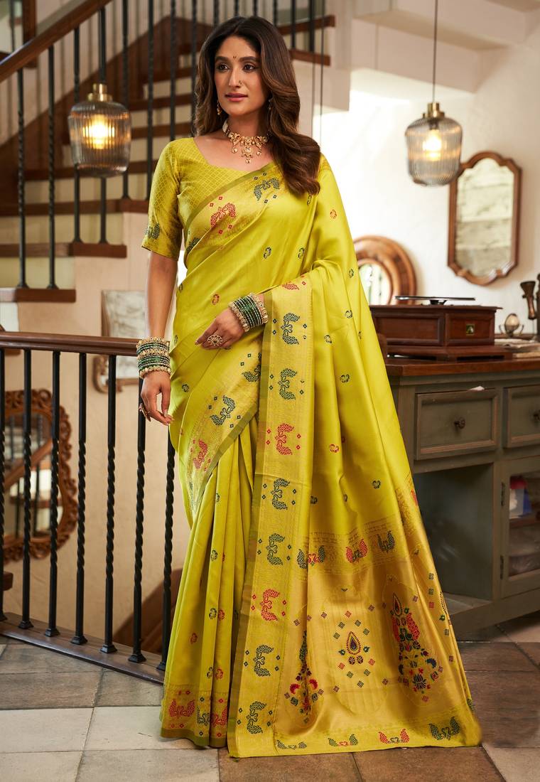 Lime green woven paithani silk saree with blouse