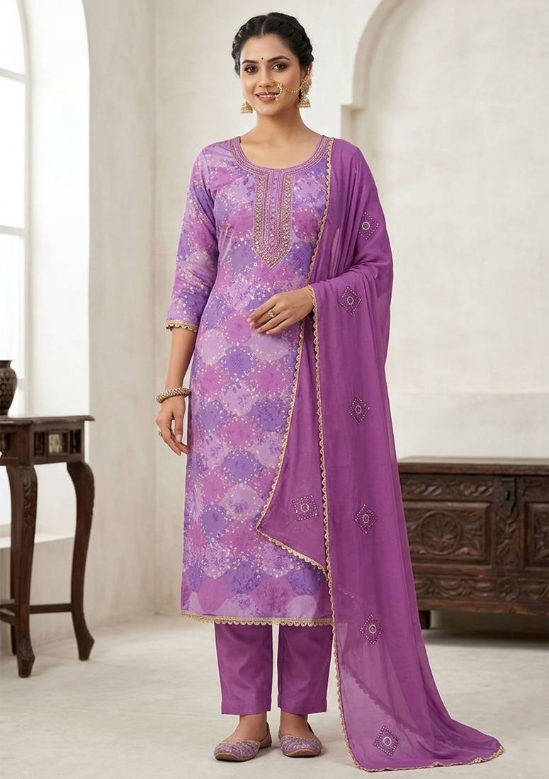 Lavender color maslin fabric stylish partywear salwar kameez