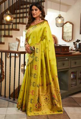 Lime green woven paithani silk saree with blouse 3