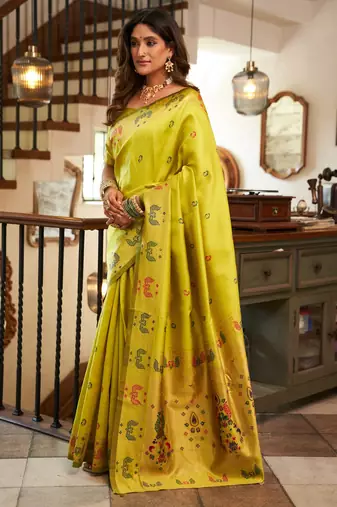 Lime green woven paithani silk saree with blouse