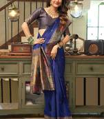 Navy blue woven paithani silk saree with blouse