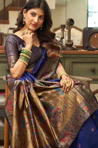 Navy blue woven paithani silk saree with blouse