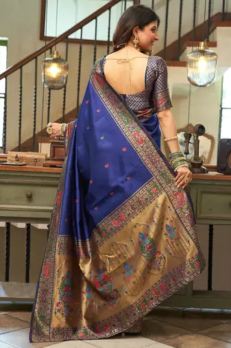 Navy blue woven paithani silk saree with blouse
