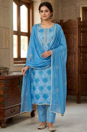 Sky blue color maslin fabric stylish partywear salwar kameez