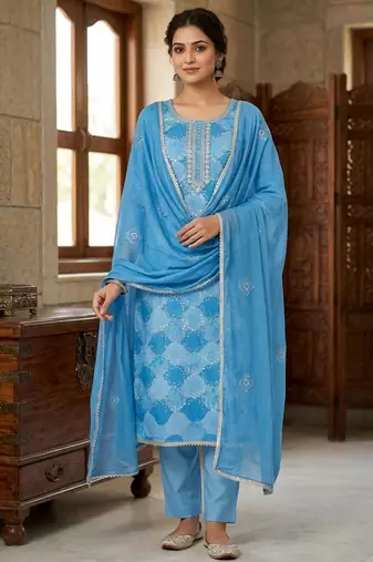 Sky blue color maslin fabric stylish partywear salwar kameez