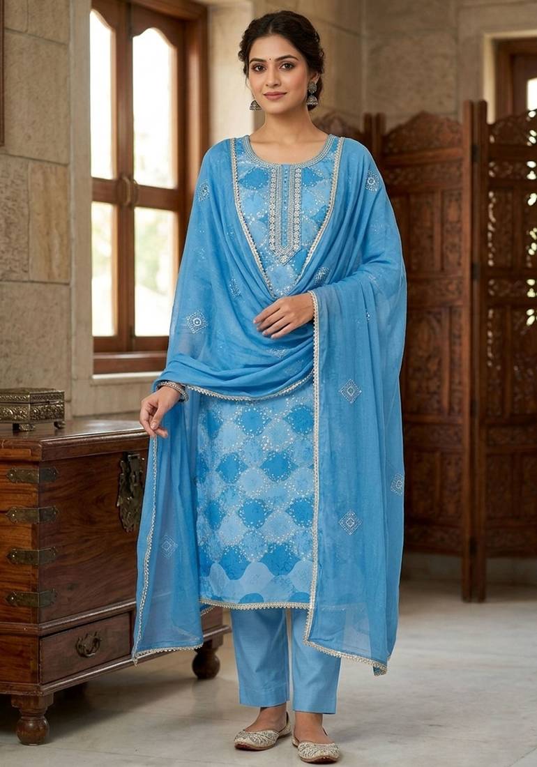 Sky blue color maslin fabric stylish partywear salwar kameez