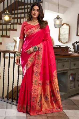 Pink woven paithani silk saree with blouse