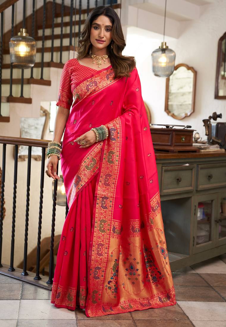 Pink woven paithani silk saree with blouse