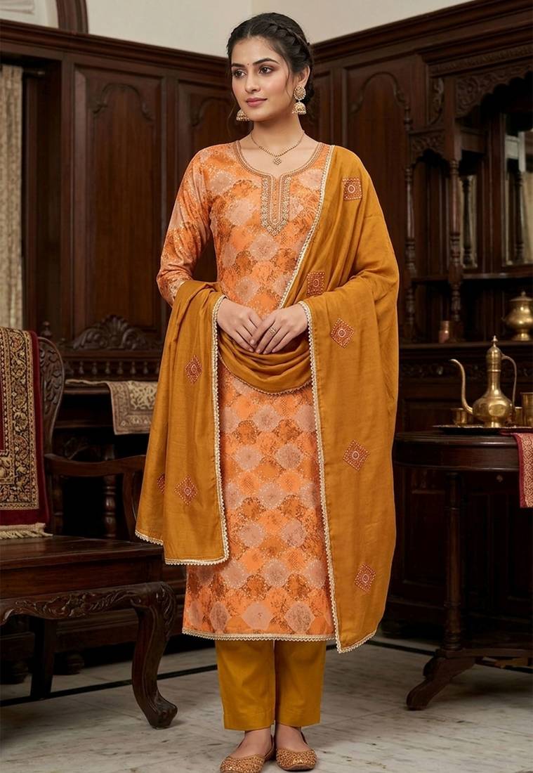 Mustard color maslin fabric stylish partywear salwar kameez