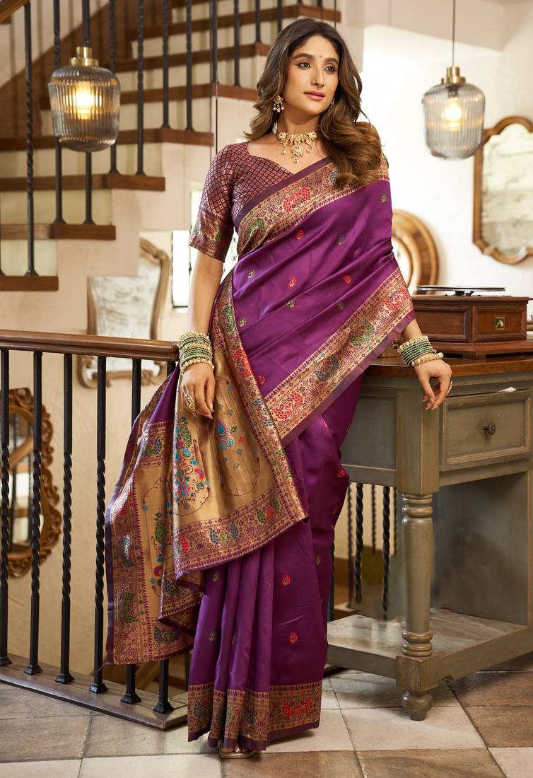Purple woven paithani silk saree with blouse