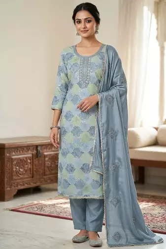 Grey color maslin fabric stylish partywear salwar kameez